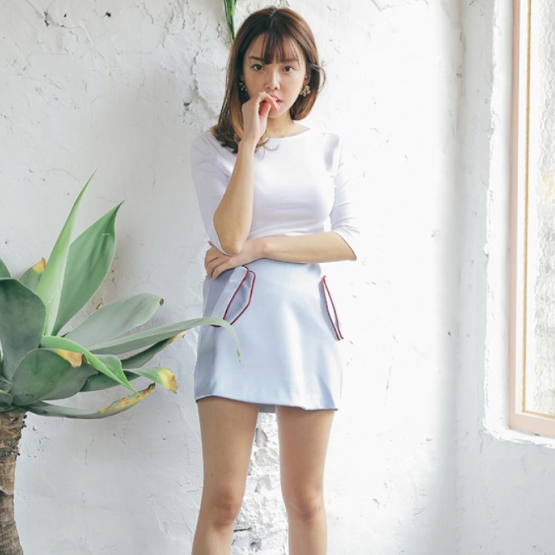 韩国stylenanda官方正品 配色包边兜盖光泽感短裙