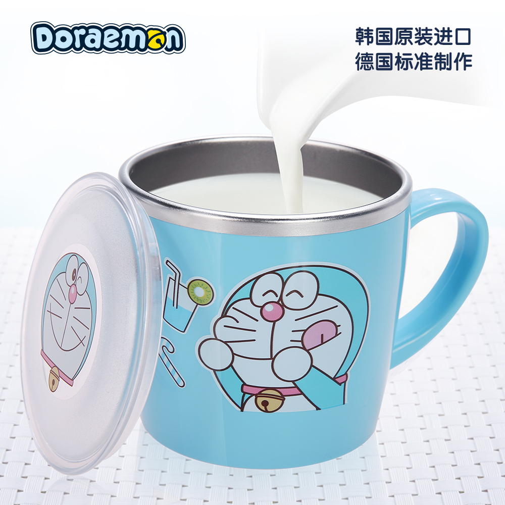 韩国进口Doraemon哆啦A梦不锈钢水杯宝宝儿童餐具牛奶杯带盖