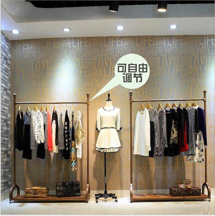 Retro solid wood wrought iron clothing display stand men's and women's clothing store side hangers rack parallel bars lifting hangers