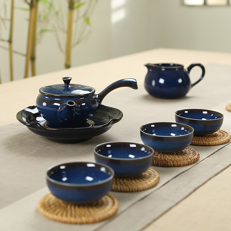 Ning uncommon kung fu tea set a complete set of ceramic side bearing as the pot TuHao blue variable tea set