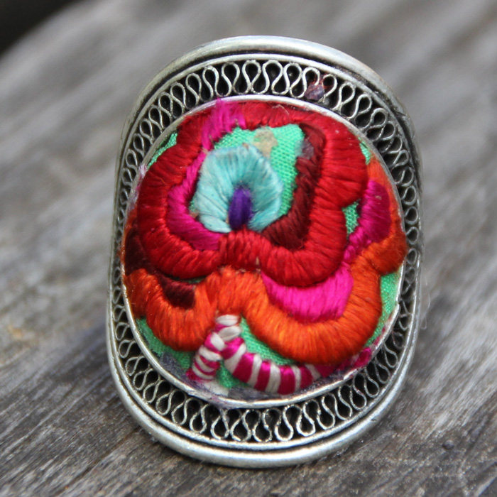 National style women's jewelry Retro old embroidered silver ring handmade unique personality full embroidered ring