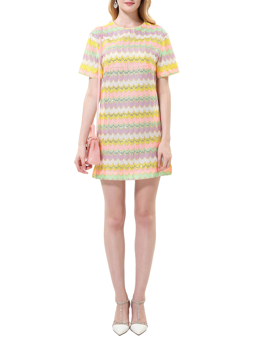 JESSICA 彩色波浪纹短袖连衣裙