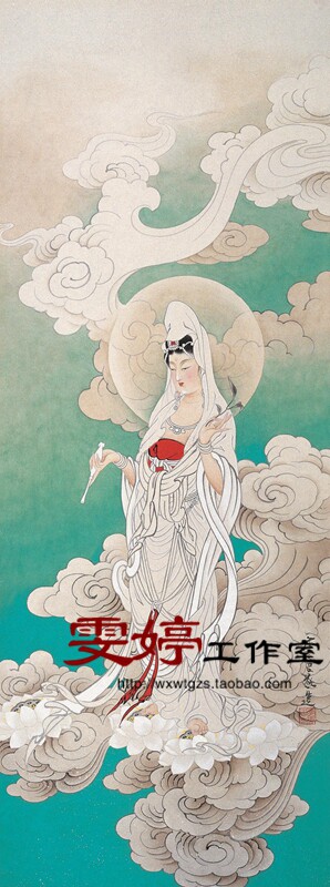 Meticulous painting Guanyin fairy character line drawing draft Feng Shui painting flower and bird painting four-foot Chinese painting Guanyin sprinkle blessing map