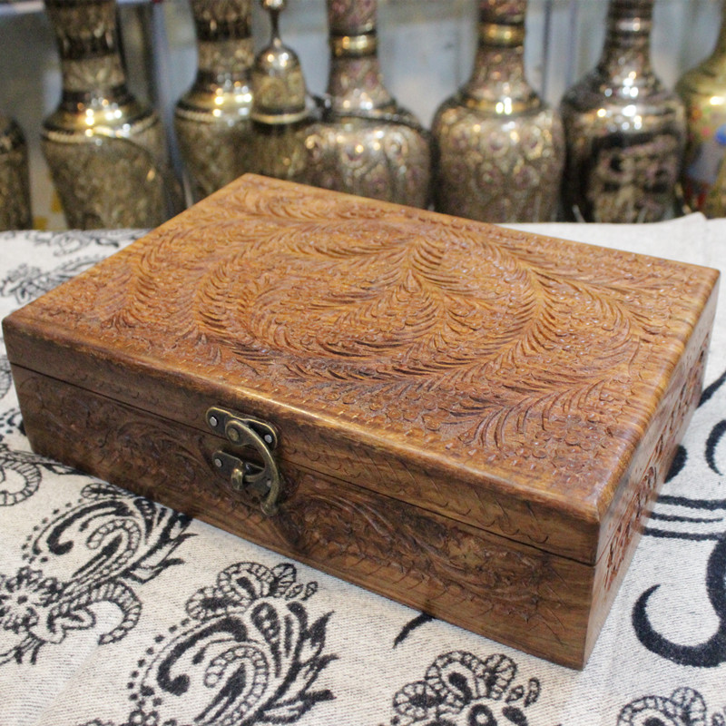 Imported Pakistan wood carving handicrafts creative vintage walnut wood jewelry box factory direct gift BM57