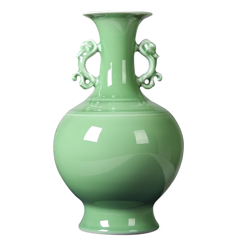 Jingdezhen ceramic furnishing articles manually celadon vase ears zen new sitting room of Chinese style household decoration process