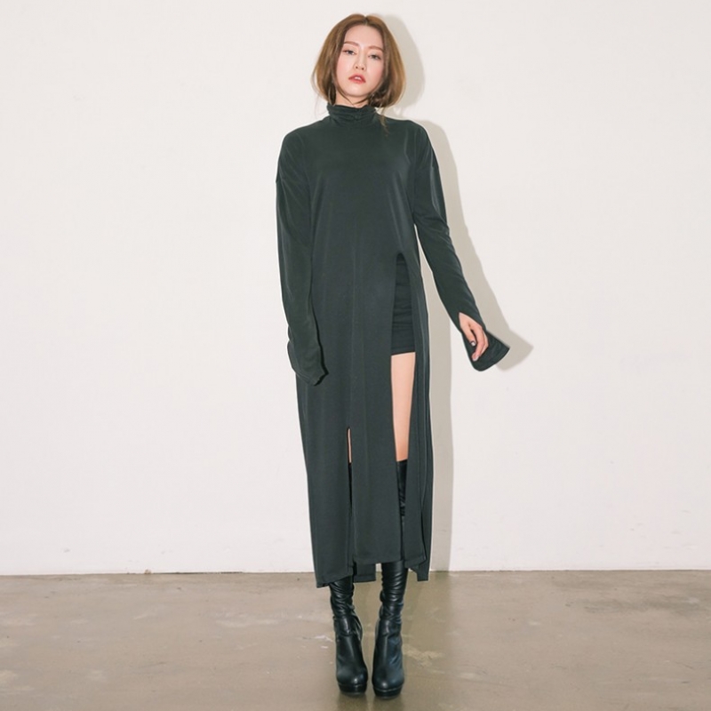 韩国stylenanda官方正品 不规则开衩摆and高领设计长款T恤-黑色