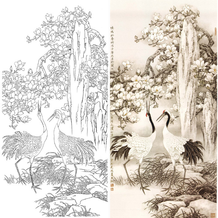 Work stroke white sketching manuscript jade Lanxian Xianghe Mo built in kind white paper print manuscript 66 * 132 with coloured picture A042-Taobao