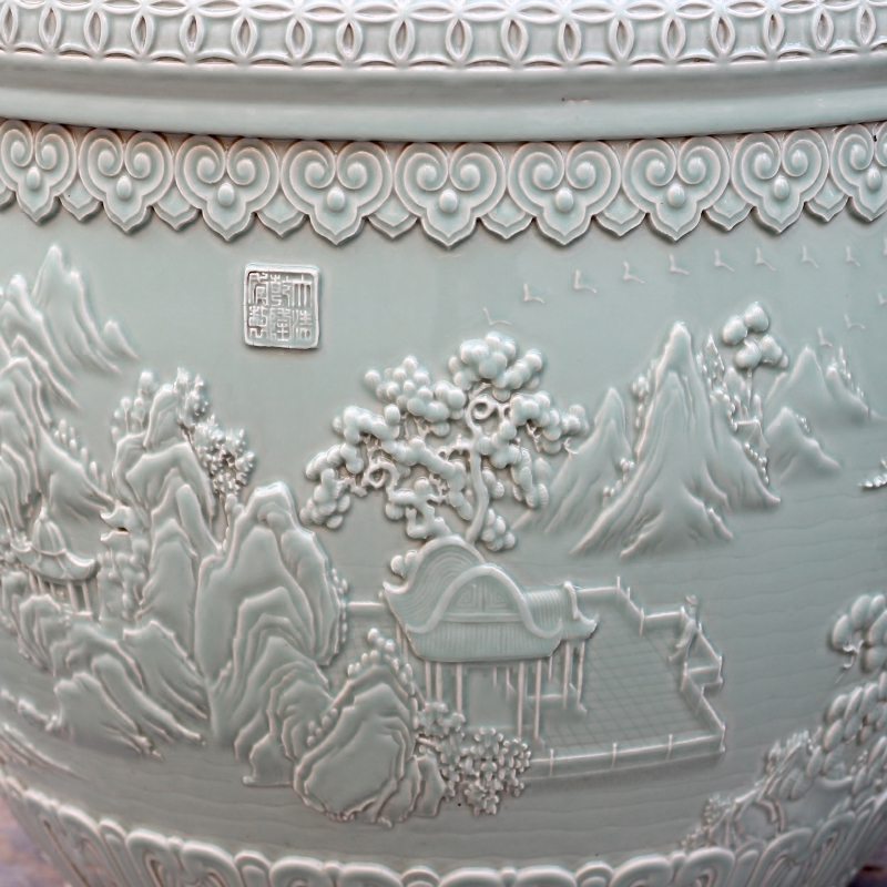 Jingdezhen porcelain carving landscape painting goldfish turtle cylinder water lily sitting room courtyard study office furnishing articles