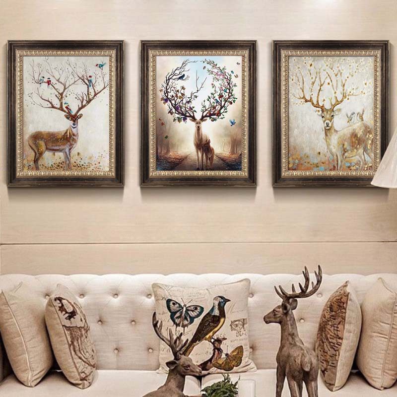 Precision printed DMC embroidered cross embroidered living room minimalist modern triptych American mother and son deer foe deer