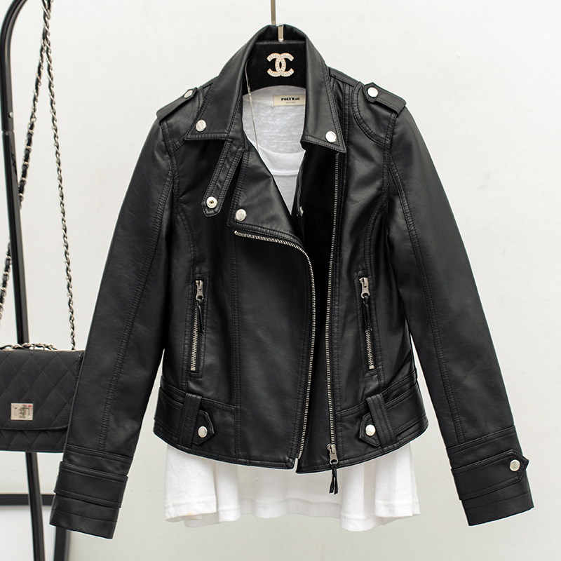 2025 Autumn and Winter New Style Slim Fit Lapel Leather Jacket Women's Short Pu Jacket Korean Style Clearance Motorcycle Jacket