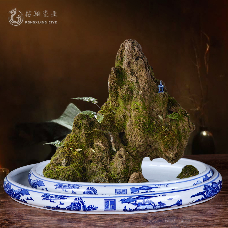 Special offer Jingdezhen ceramic blue and white landscape oval rockery pot narcissus plate stone bonsai chassis potted tray