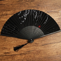 Fan folding fan Ancient style womens Chinese style classical retro Japanese portable mini tassel black 6 inch forest fan