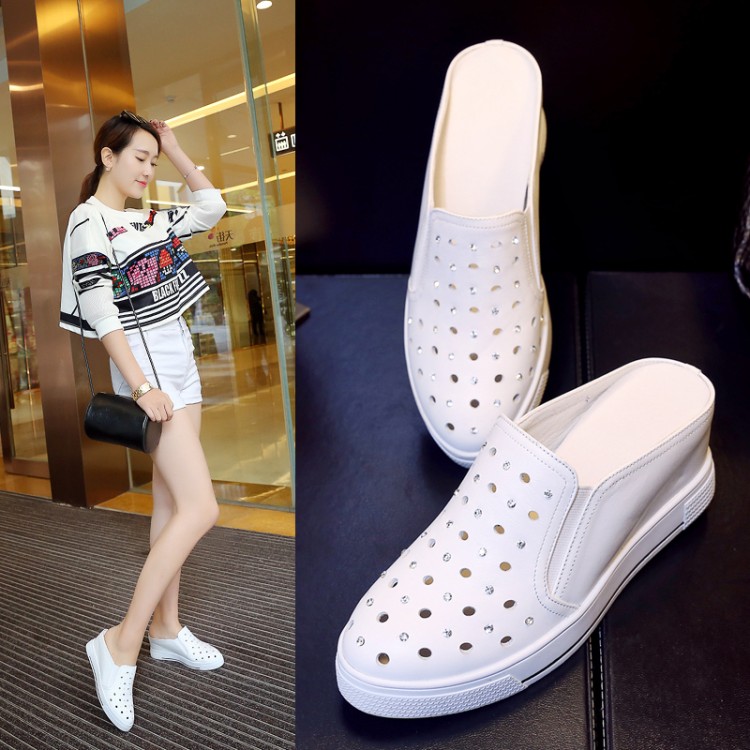 Korean version genuine leather heel slacker shoes female summer small white shoes thick bottom one foot pedal Baotou sandals outside wearing half slippers