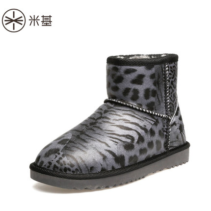 米基豹纹雪地靴真皮短筒靴子女2018冬长毛绒