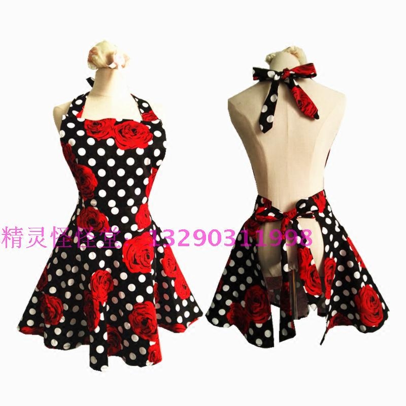 Red rose polka dot big swing fashion apron big skirt princess tie home kitchen charm apron