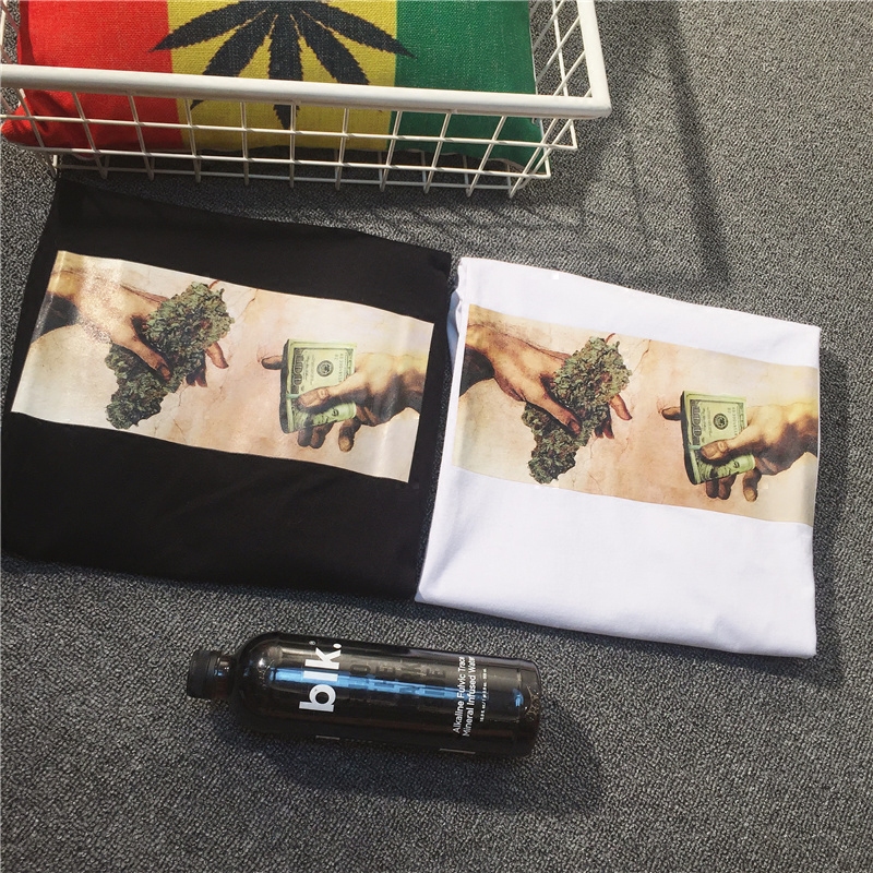 夏季西海岸美钞麻叶印花短袖T恤男美式复古纯棉情侣半袖潮男短tee