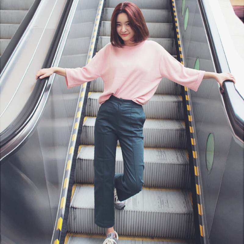 韩国stylenanda官方正品 唯美纯色修身褶裥休闲裤-青绿色