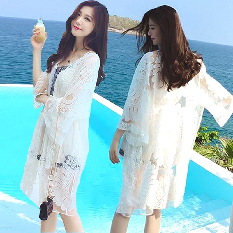 Beach sunscreen vacation embroidered lace mesh cardigan long drape over long sleeve beach bikini blouse