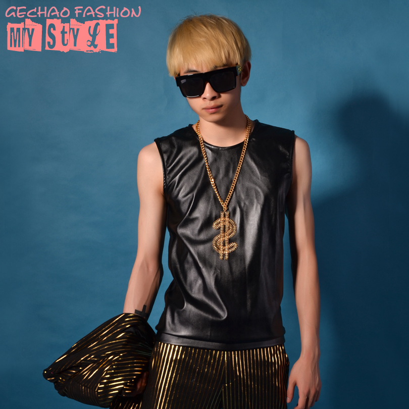 (Exclusive) Black PU Slim Stitching Vest Base DS Stage Nightclub Bar Singer Performance Costumes