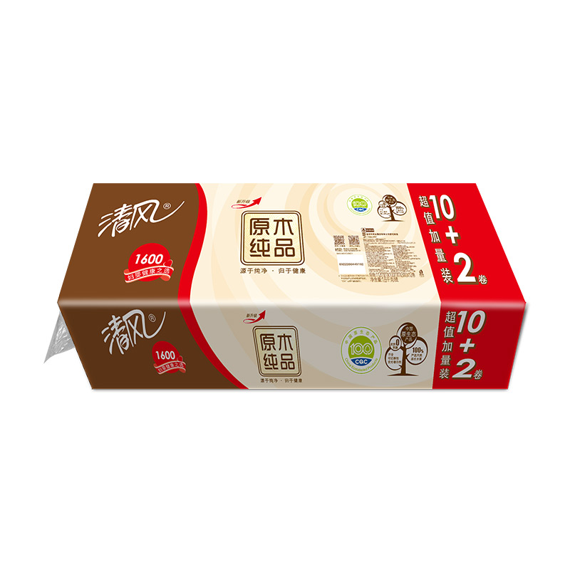 【天猫超市】清风原木纯品3层134克12卷平纹短卷无芯卷纸卫生纸巾