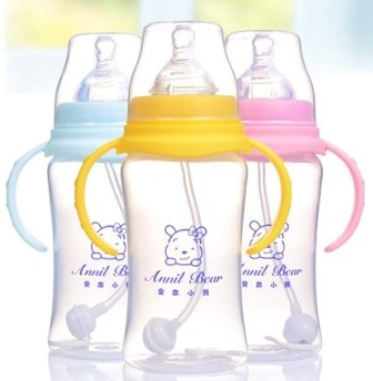 包邮正品/安奈小熊PP奶瓶 A1332宽口径自动吸管带手柄奶瓶300ml