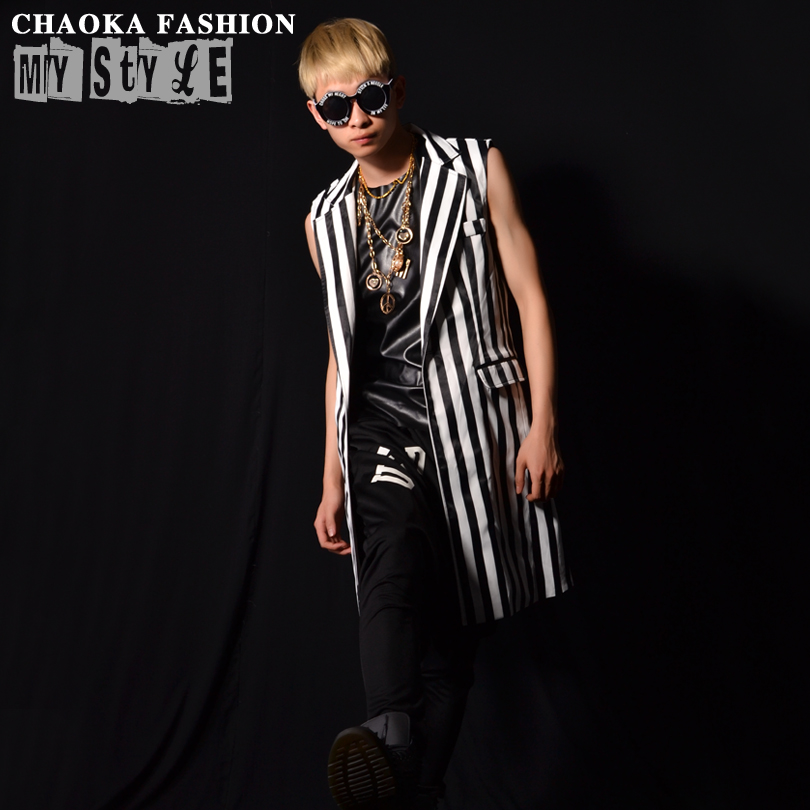 Exclusive black and white stripes supervisory long vest party stage club Bar singer performing suit