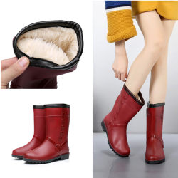 Winter fashionable women's rain boots mid-calf rain boots plus velvet cotton rubber shoes imitation leather adult water shoes warm non-slip water overshoes