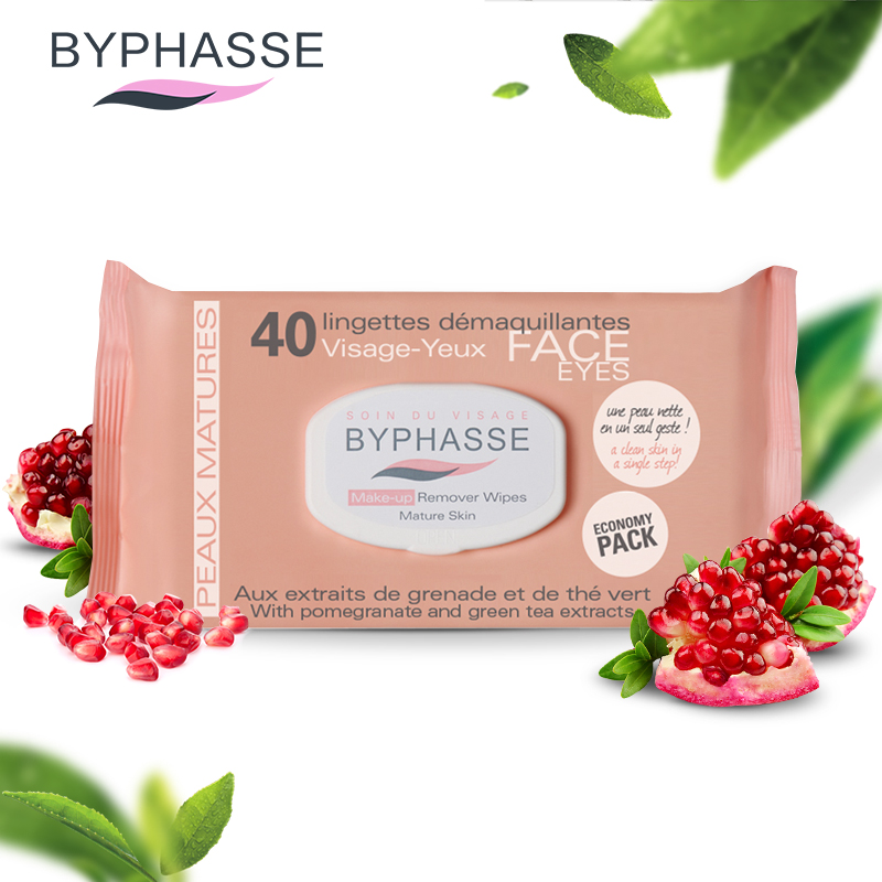 BYPHASSE蓓昂斯卸妆湿巾40片石榴绿茶精华温和不刺激彩妆卸妆湿巾