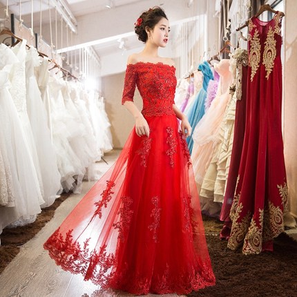 敬酒服新娘春夏季2018新款一字肩婚礼伴娘服