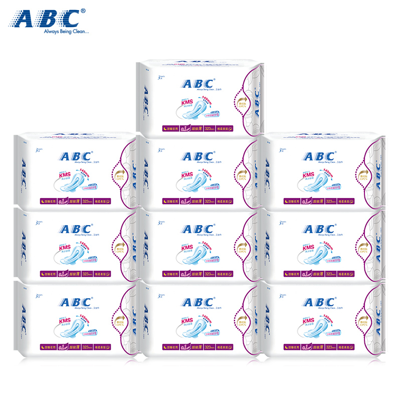 正品促销 ABC甜睡夜用KMS配方棉柔排湿表层卫生巾323mm10包组合装