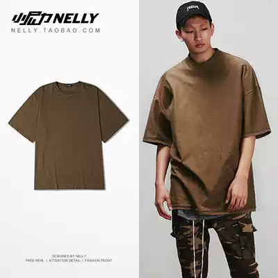 2021 summer five-point sleeve tide brand off-the-shoulder solid color men and women couples retro loose three-point sleeve mid-sleeve short-sleeved T-shirt tide