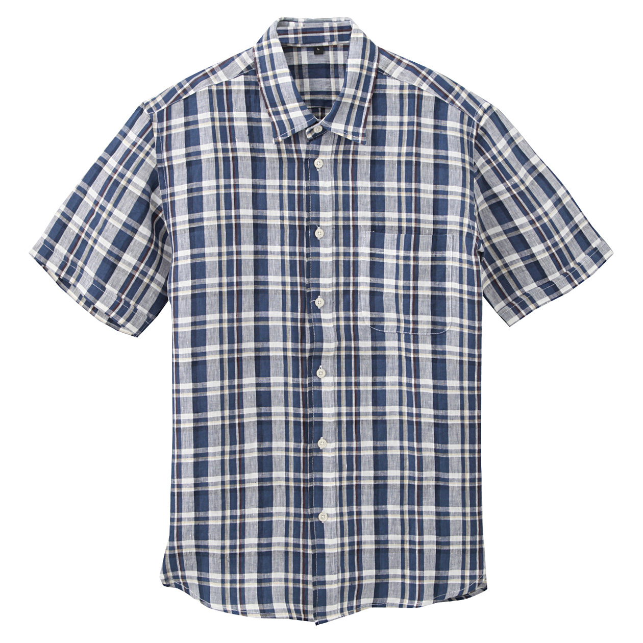 无印良品MUJI 男式 法国亚麻水洗格子短袖衬衫