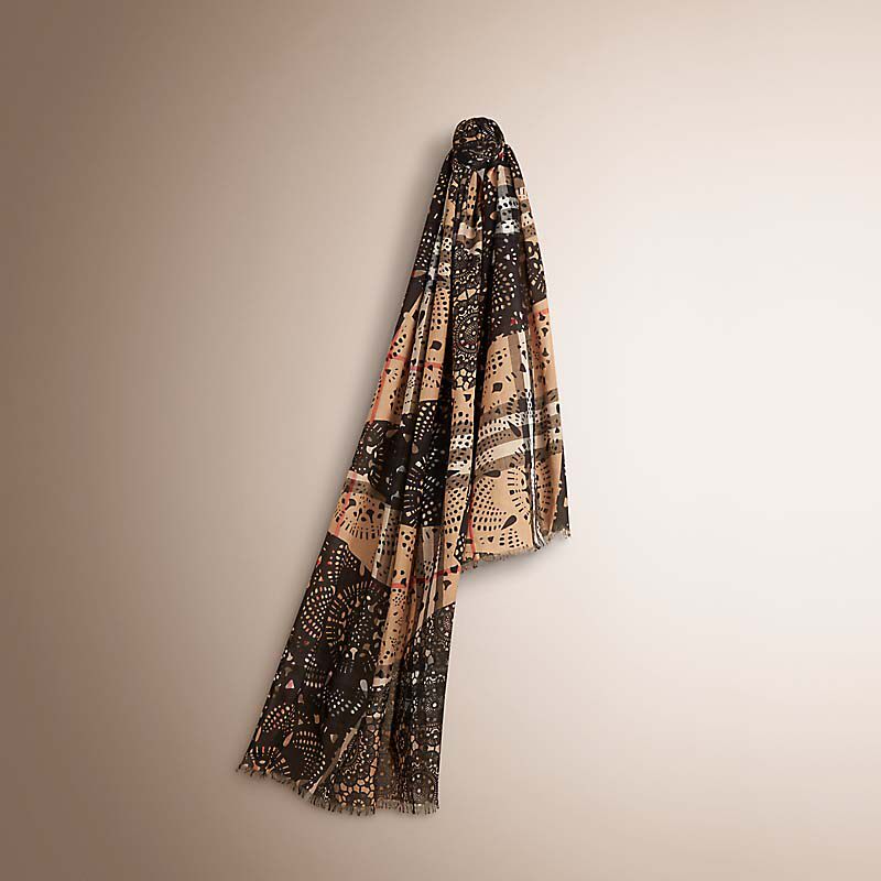 Burberry博柏利 蕾丝印花镶拼格纹丝毛混纺围巾 40107211