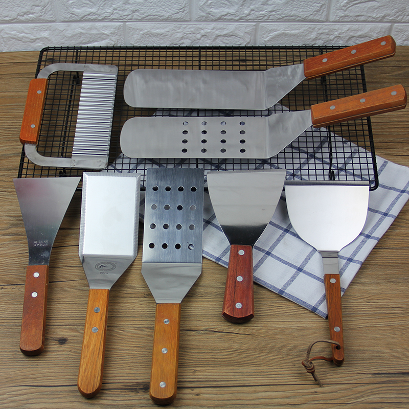 Wooden handle stainless steel frying shovel Steak shovel Extended round head pizza shovel Cake shovel Triangle shovel Baking tool