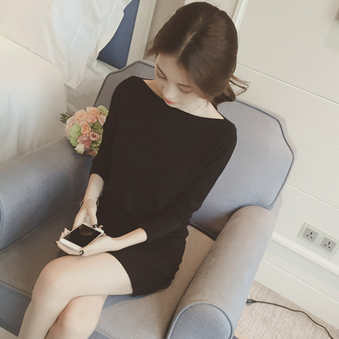 2023 New Autumn and Winter Korean Style Women's Slim Sweater Bottoming Hip Skirt One-Line Collar Mid-Length Knitted Dress