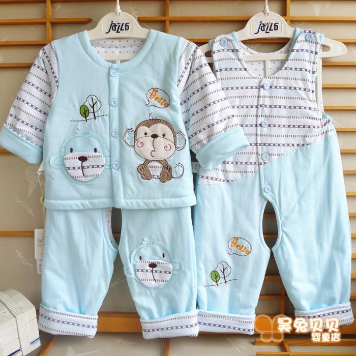 Ouyuan male and female baby autumn and winter thin cotton three-piece suit baby quilted clothes bib pants children going out