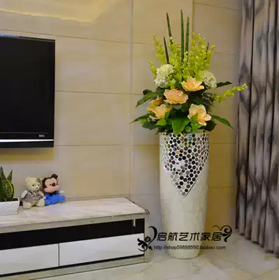 Floor vase set European glass fiber shell round mirror floor vase simulation flower set