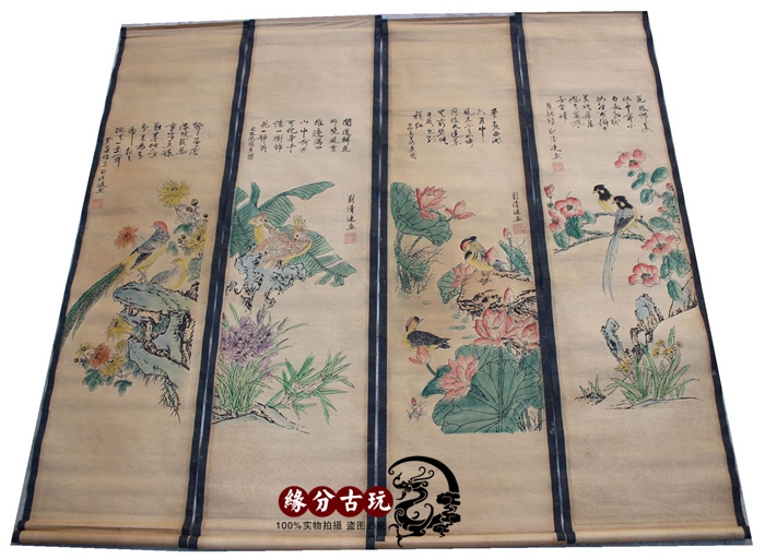 Antique calligraphy and painting Chinese painting Fresco painting Zhongtang painting Calligraphy Four screens Ancient paintings Decorative paintings Mounted Liu Qingyuan Flowers and birds