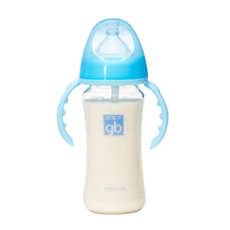 好孩子仿真乳感宽口把手玻璃奶瓶魔术防胀气250ML B80074 十字孔
