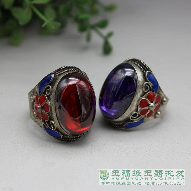 Ancient play Miscellaneous adjustable imitation ancient Tibetan silver Amethyst pulling finger zircons inlaid ring couple gift ring