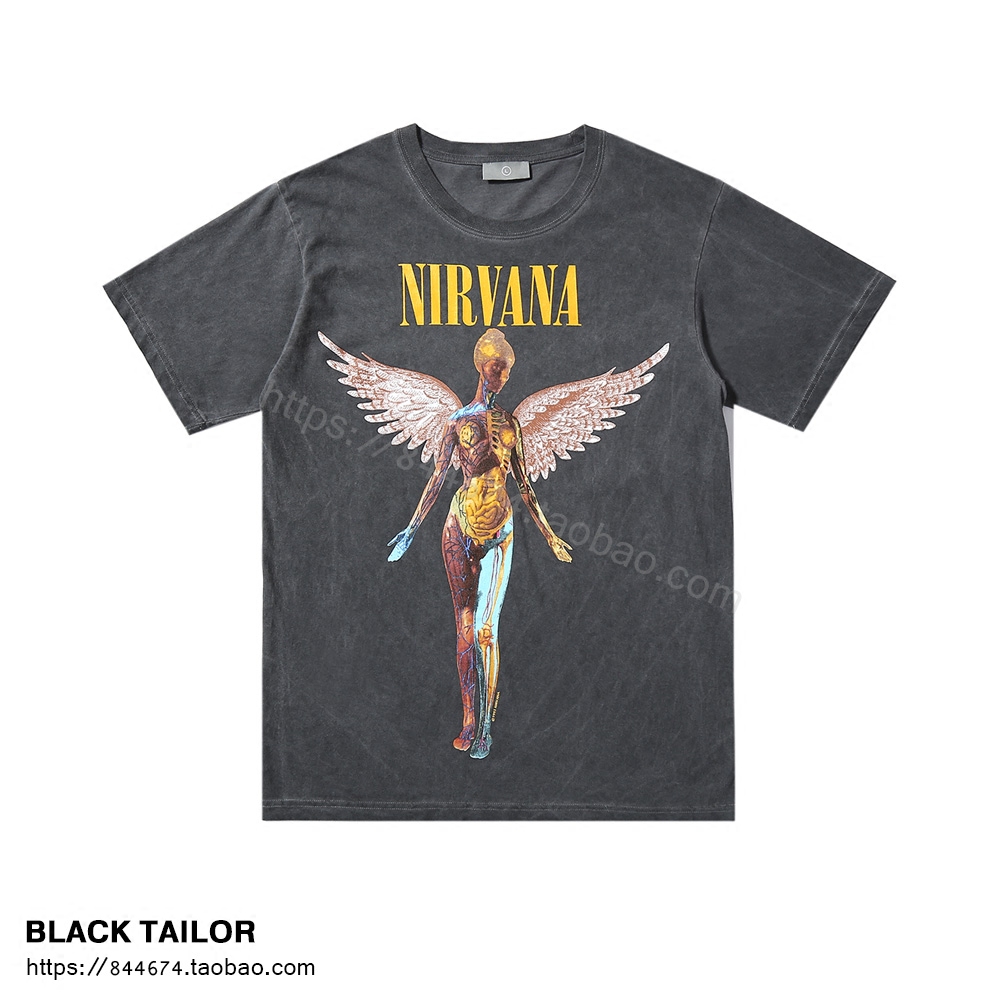 高街复古侃爷摇滚风涅槃天使印花图案水洗做旧纯棉男女短袖T恤潮