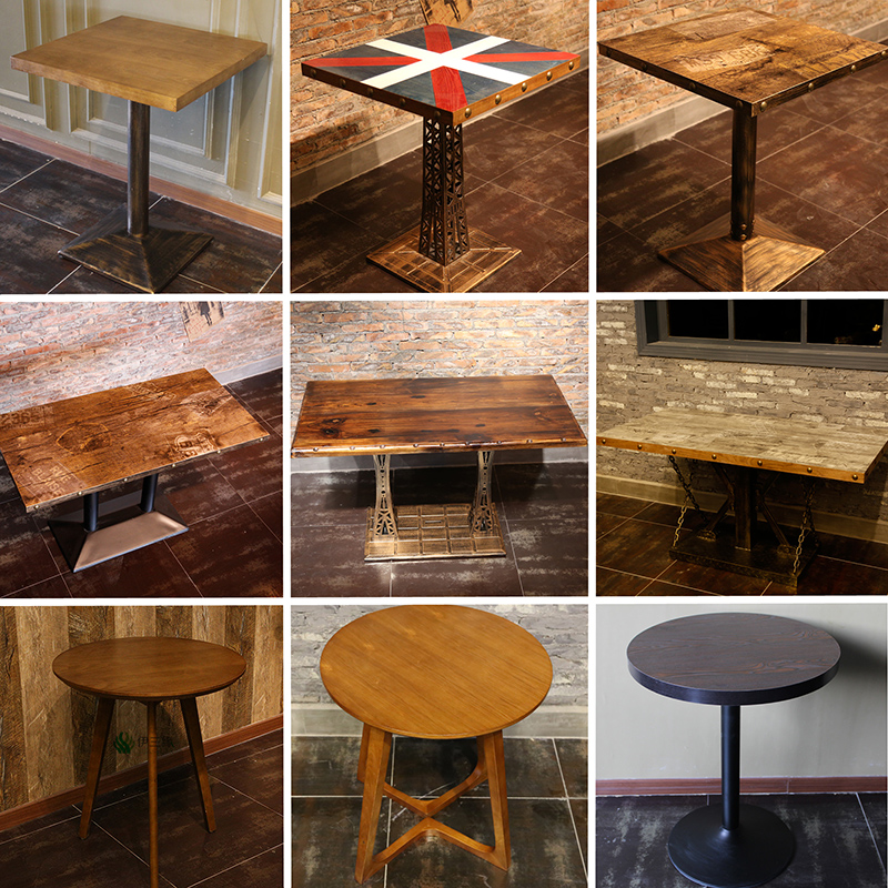 Solid wood retro bar Western restaurant dessert shop round table square table coffee shop milk tea restaurant marble slate table