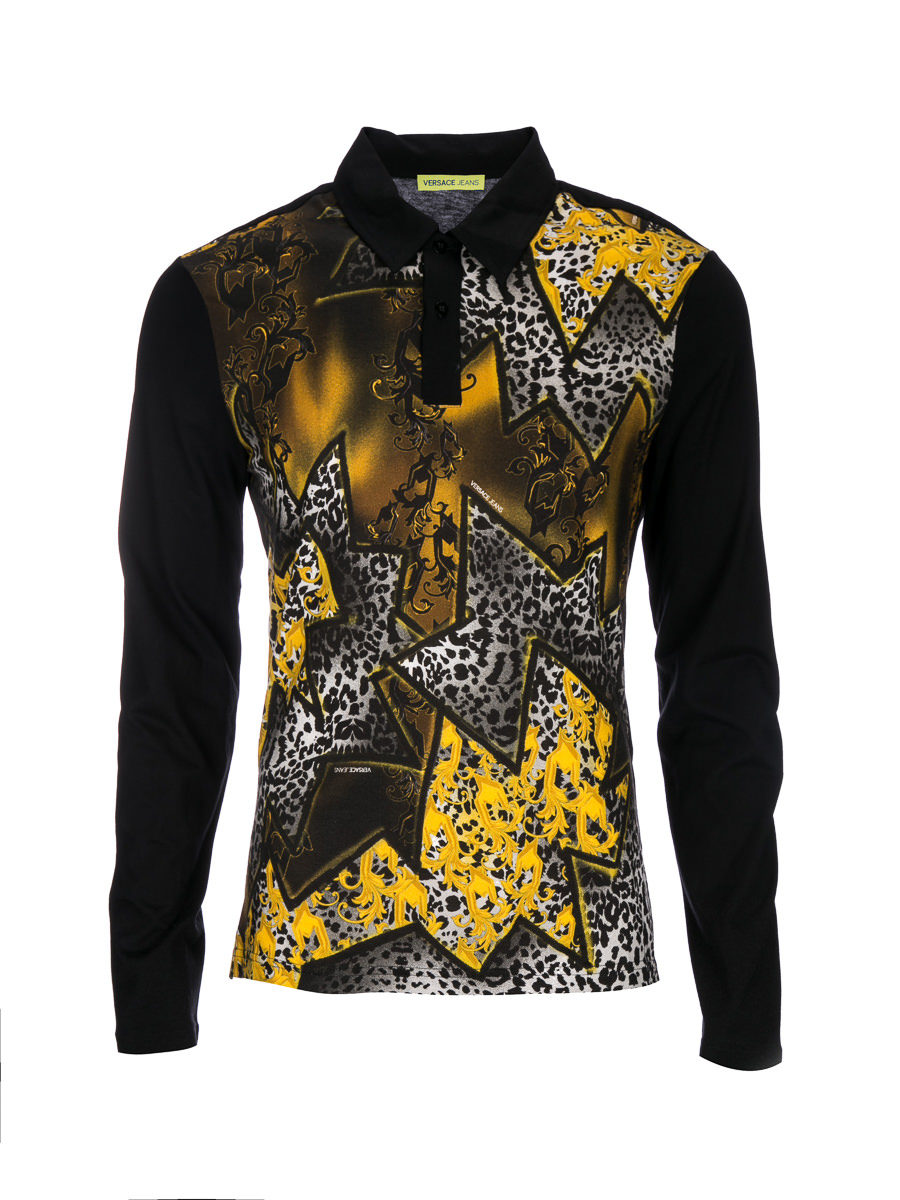 versace jeans 黑底豹纹印花长袖Polo衫