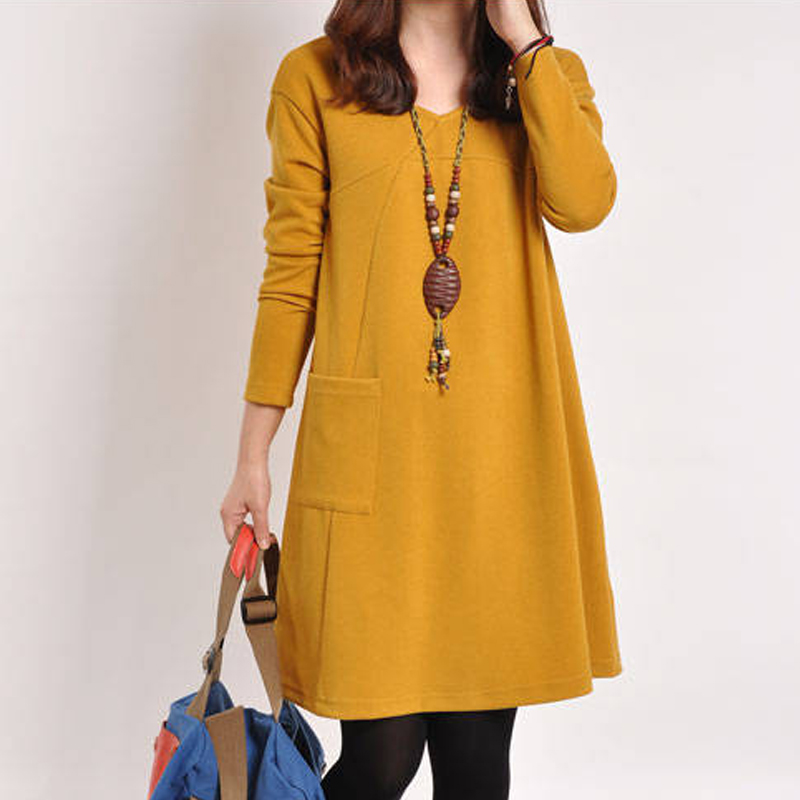 Autumn Winter Fashion Korean Style Women Casual Dress Long Sleeve With Pockets B