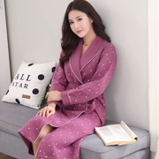Áo ngủ nữ dài tay cotton xen kẽ mẹ trung niên mùa thu và mùa đông mỏng chần XL tắm yukata béo MM áo choàng ấm