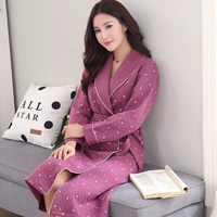 Áo ngủ nữ dài tay cotton xen kẽ mẹ trung niên mùa thu và mùa đông mỏng chần XL tắm yukata béo MM áo choàng ấm áo ngủ nam
