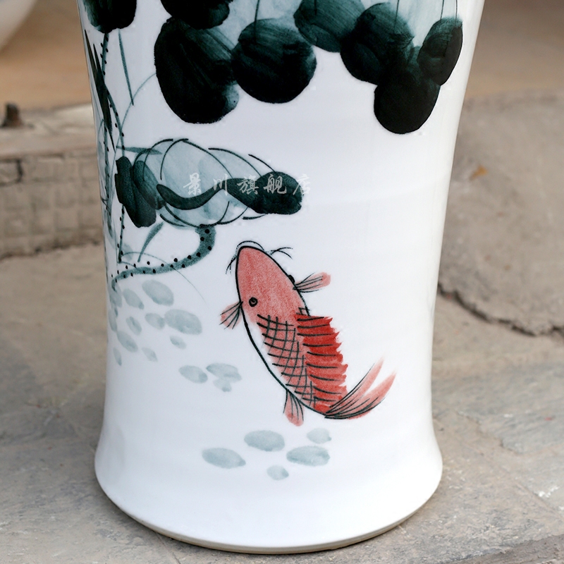 Hand - made ink color blue and red lotus lotus fish landing big vase jingdezhen ceramic household sitting room adornment furnishing articles