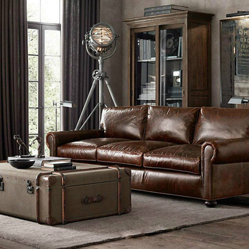 Retro Pastoral Leather Sofa American Country Nordic Oil Wax Surface Single Double Triple Combined Sofa
