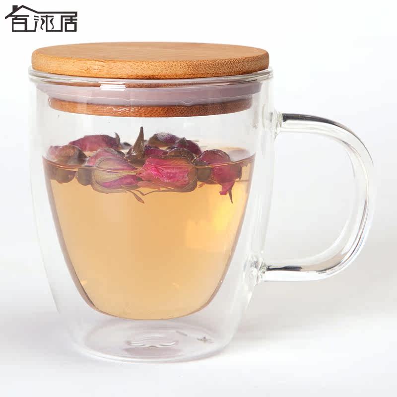 百沐居双层隔热玻璃杯带把透明耐热玻璃水杯竹盖养生花茶杯随手杯