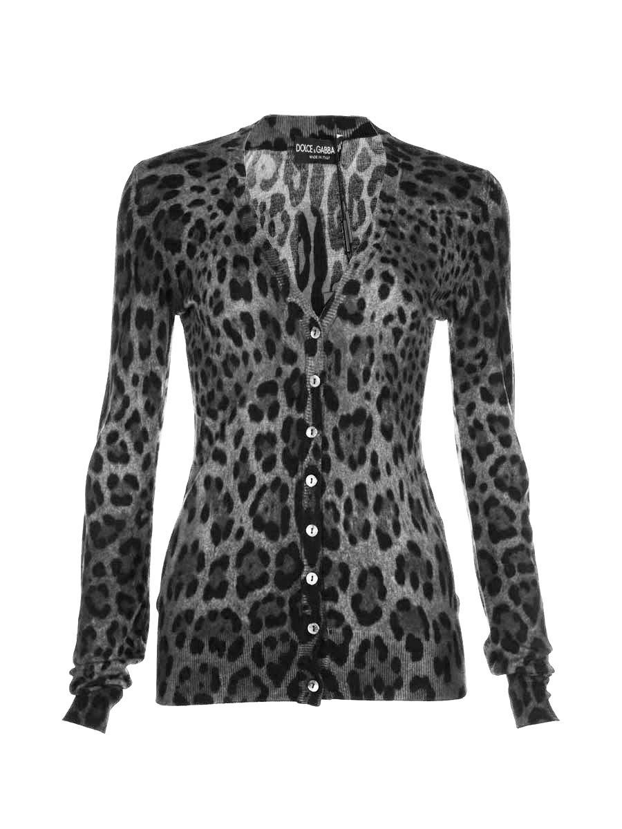 Dolce&Gabbana 灰棕色豹纹V领长袖开襟上衣
